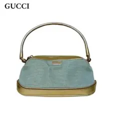 グッチ アクセサリーポーチ ハンドバッグ キャンバス ゴールド ミントブルー
