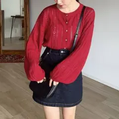 コットンレースフリルニットカーデ