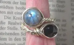 ラブラドライト＆オブシディアンTwinリング☆指輪GOLDハンドメイド