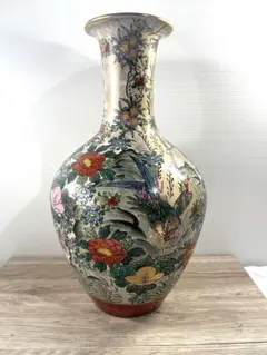 九谷焼 高さ46cm 花瓶　壺　特大　花鳥　雉　きじ　金彩　古美術　きじ 花　鳥