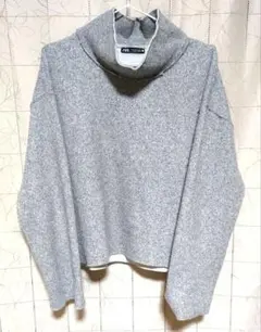ZARA 厚手 オーバーサイズ ハイネック ニットカットソー グレー Lサイズ