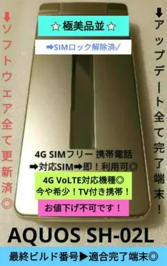 ⚡希少色！極美品並⚡１台限り➜大特価⭐格安品⭐ドコモ SH-02L➜SIMフリー