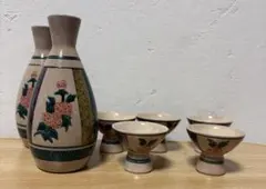 九谷焼「青峯」徳利2本 お猪口5個 花柄 レトロ