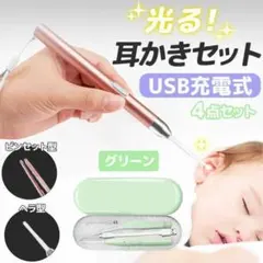 〇光る耳かき 耳掃除 耳かき ライト LED USB 充電式 ピンセット グリー