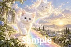 虹の橋から帰ってきた白猫 デジタルアート イラスト ポストカード