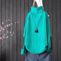 ターコイズ リブ編み ハイネックニット