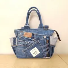 デニムトートバッグ ジーンズ風 デニムリメイク サイドポケット付き