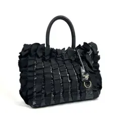 【美品】プラダ　ハンドバッグ　ギャザー　ゴールド金具　ブラック　ナイロン　レザー
