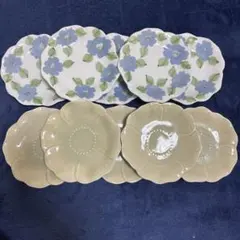 九谷焼　青い花柄と青磁の皿セット