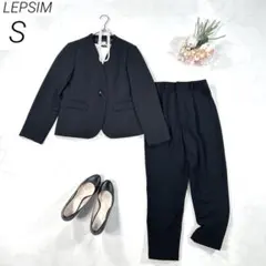 【洗える・ストレッチ】　LEPSIM　パンツスーツ　ノーカラー　通勤　黒　Sのサムネイル