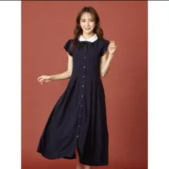 MIIA　リボン付フリルスリーブワンピース　ネイビー　紺