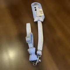 水色ドット柄リボン付きペット用首輪とリードセット