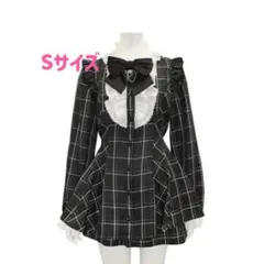 Sサイズレディース ブラックチェック セットアップ リボン フリル 量産型地雷系