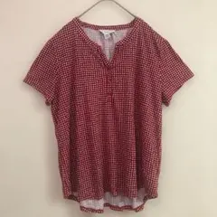 【美品】ヨルダン製 半袖 レッドチェック VネックTシャツ XLサイズ
