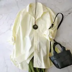 美品 iCB コットンシルク P/O スキッパー シアー長袖シャツ 黄色