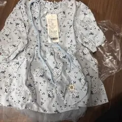 水色花柄フリル袖チュールワンピース