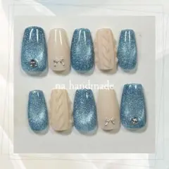 ネイルチップ　ブルー　マグネット　リボン　ニットネイル　冬