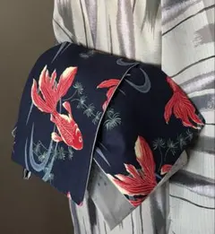 オトナの兵児帯　金魚と水草　紺系のサムネイル