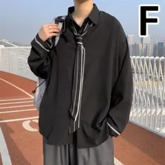 モード系シャツ　ブラック　長袖　ネクタイ付き　トップス　ユニセックス　モノトーン