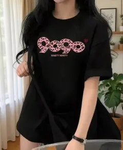9090 半袖Tシャツ ブラック レオパードロゴ