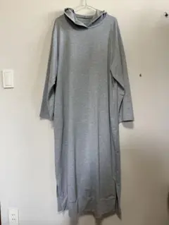 フード付きグレー マキシ丈ロングワンピース 3XL