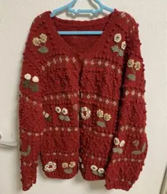 ビンテージ　花柄　ニットカーディガン　ぽこぽこ　古着　レトロ　個性的