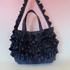 着物リメイクフリフリダブルハンドルバッグ大島紬紺地赤 花柄[新品]