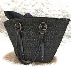 アニエスベー　かごバッグ　ラタン　レザー　A4収納　黒　口布　肩掛け