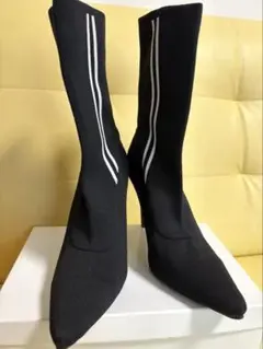 ブラック　ハイヒール　ソックスブーツ ストライプデザイン　美品　Lサイズ