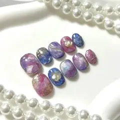 9 ネイルチップ 紫陽花ネイル 梅雨ネイル マーブル ニュアンス ミラー 紫 青