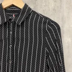 TOMMY HILFIGER 黒と白のストライプドット長袖シャツ　34 レーヨン