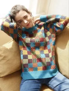 Knit Mix チェック柄ニットセーター　クルーネック 長袖プルオーバー　M