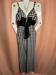 178.ブローチ付き配色リボン✖️バックスリット千鳥格子ドレス