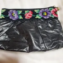 FEILER 花柄刺繍 ポーチ 黒