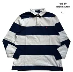 ポロバイラルフローレン 長袖ラガーシャツ LL 白紺 ワイドボーダー ポニー刺繍