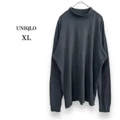 美品【UNIQLO】ユニクロ　ハイネックボーダー長袖カットソー　グレー　コットン