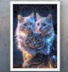 三匹の光猫が運ぶ癒しと希望のエネルギー　額縁付き　開運グラフィックアート