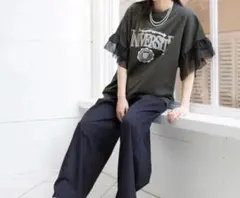 チュール袖　プリント Tシャツ M チャコールのサムネイル