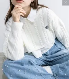 ケーブルニット×シャツ　クロップドセット