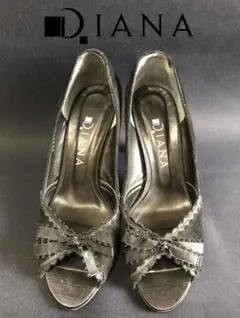 美品 2回着 ダイアナ パンプス サンダル 23cm オープントゥ 黒 リボン