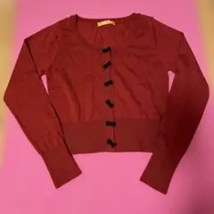 Flint 赤色 リボンボタン カーディガン　ワインレッド　えんじ色