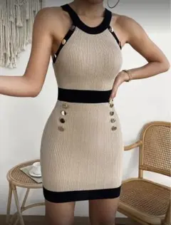 リブ編みノースリーブミニワンピース