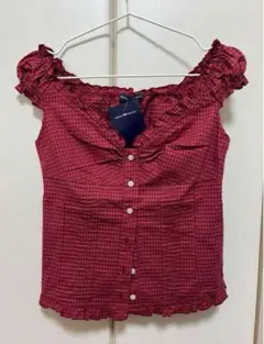 オフショルダー チェック柄 ノースリーブシャツ