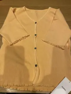 オレンジ リブ編み Vネック カーディガン M