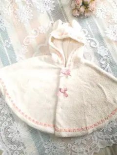 日本製　赤ちゃんの城　可愛いリポン　耳付き　ポンチョ　60-90cm