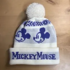 Disney ミッキーマウス ニット帽 ポンポン付き 白 青