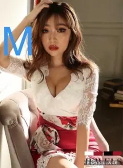 ◇ JEWELS チェーンリボン ミニドレス ホワイト×レッド M