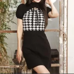 Darich ダーリッチチェックリボンニットミニワンピース 千鳥柄 フリーサイズ