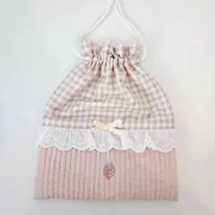 ヌビ　イチゴ柄④　　巾着・給食袋 入園　入学　ゆめかわ