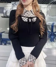 チェックシャツドッキングフロントリボンニット